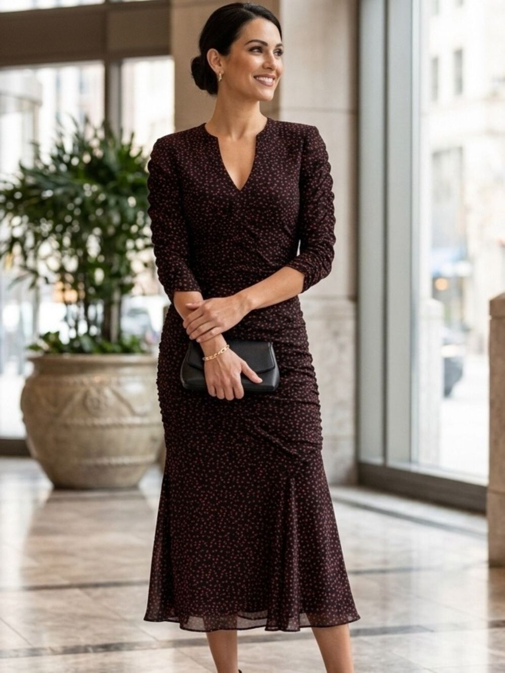 Diane Von Furstenberg Polka Dot Ruched Midi Dress XS Luxury Stretch Mermaid $498
